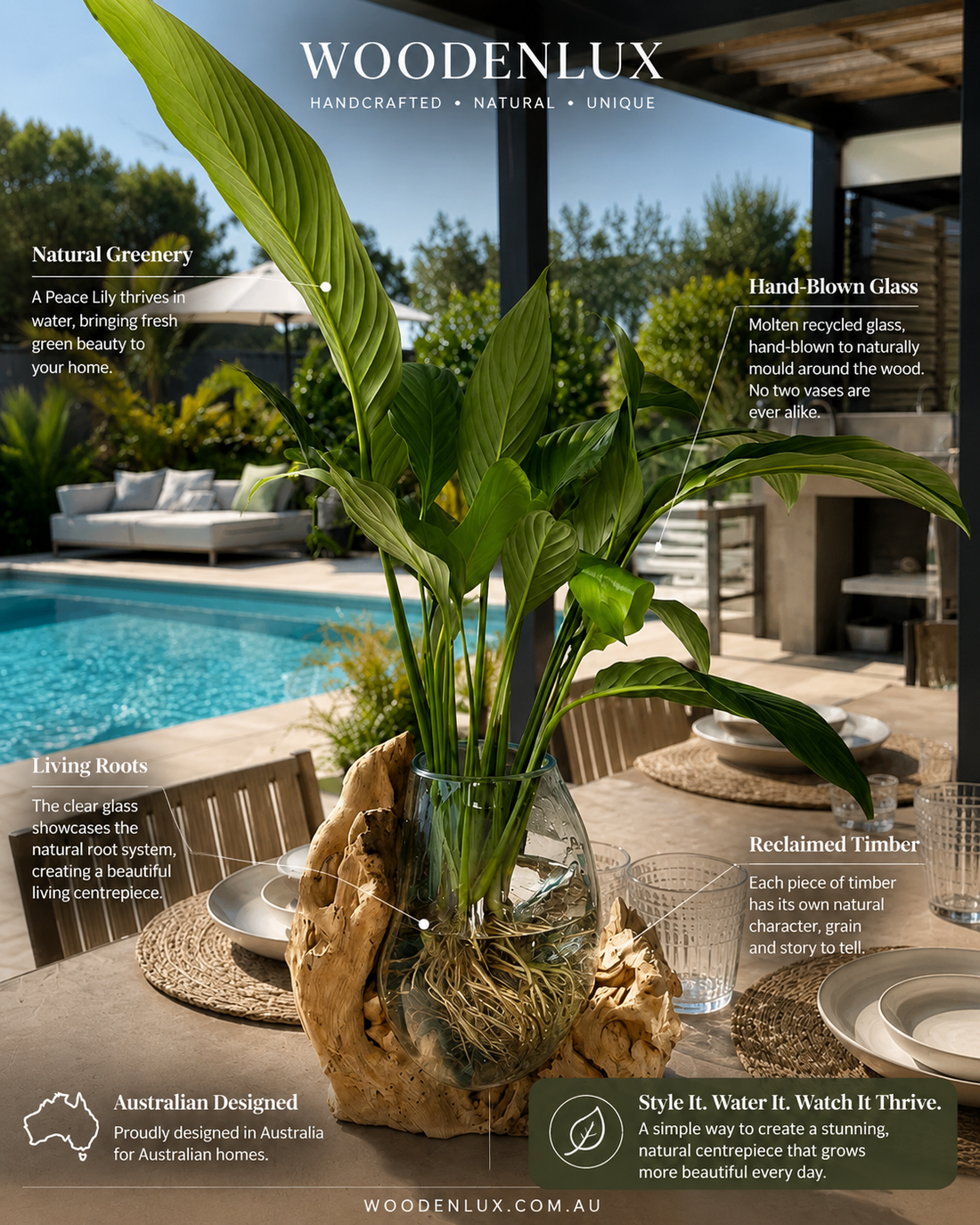 Handcrafted molten glass vase with a Peace Lily growing in water on reclaimed timber in an Australian outdoor entertaining area.