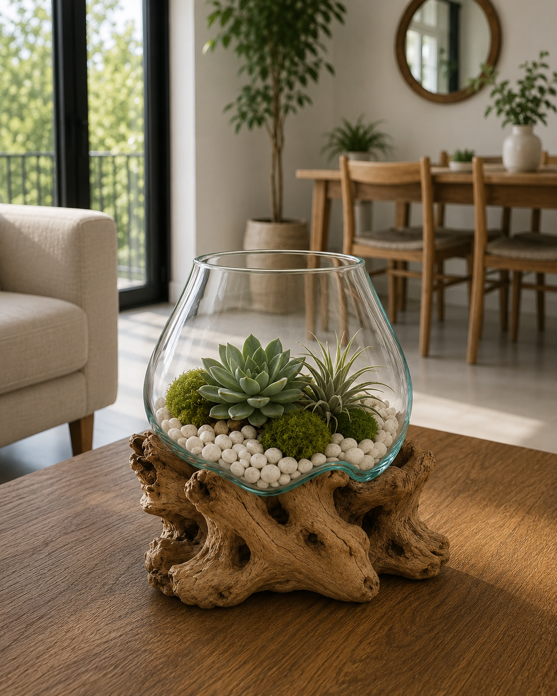 WoodenLux handcrafted molten glass vase on reclaimed driftwood