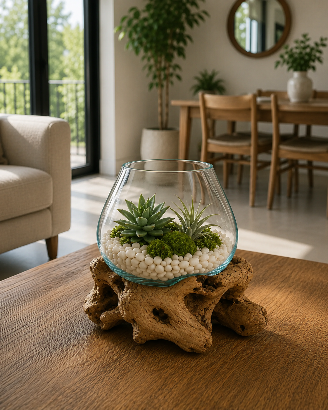 WoodenLux handcrafted molten glass vase and terrarium on recycled driftwood