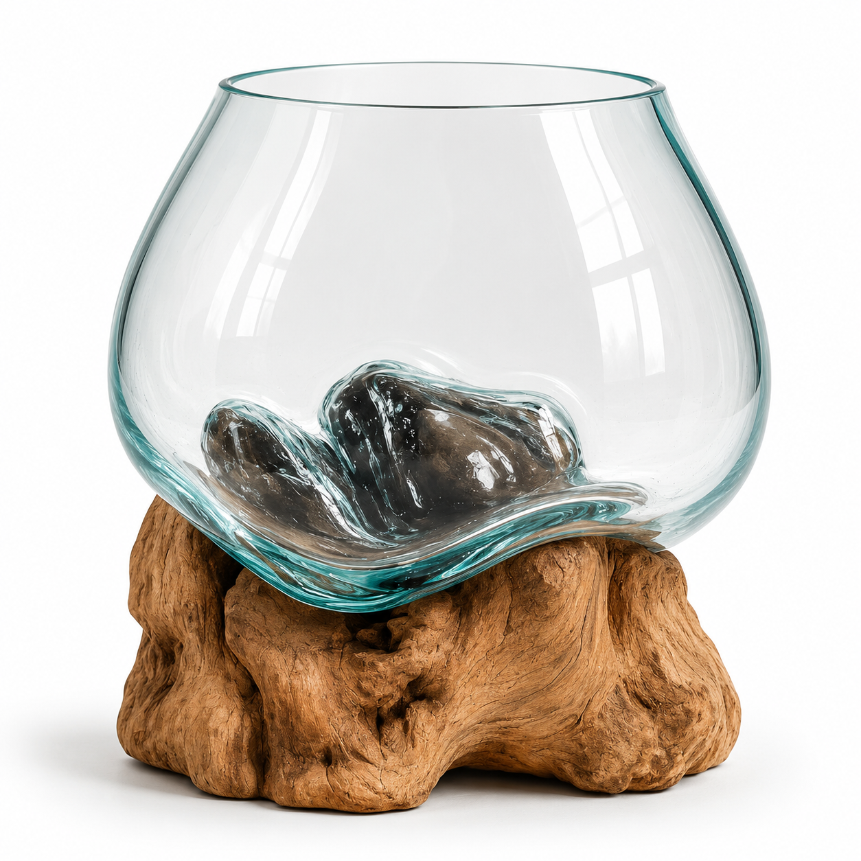 WoodenLux handcrafted molten glass vase on recycled driftwood.
