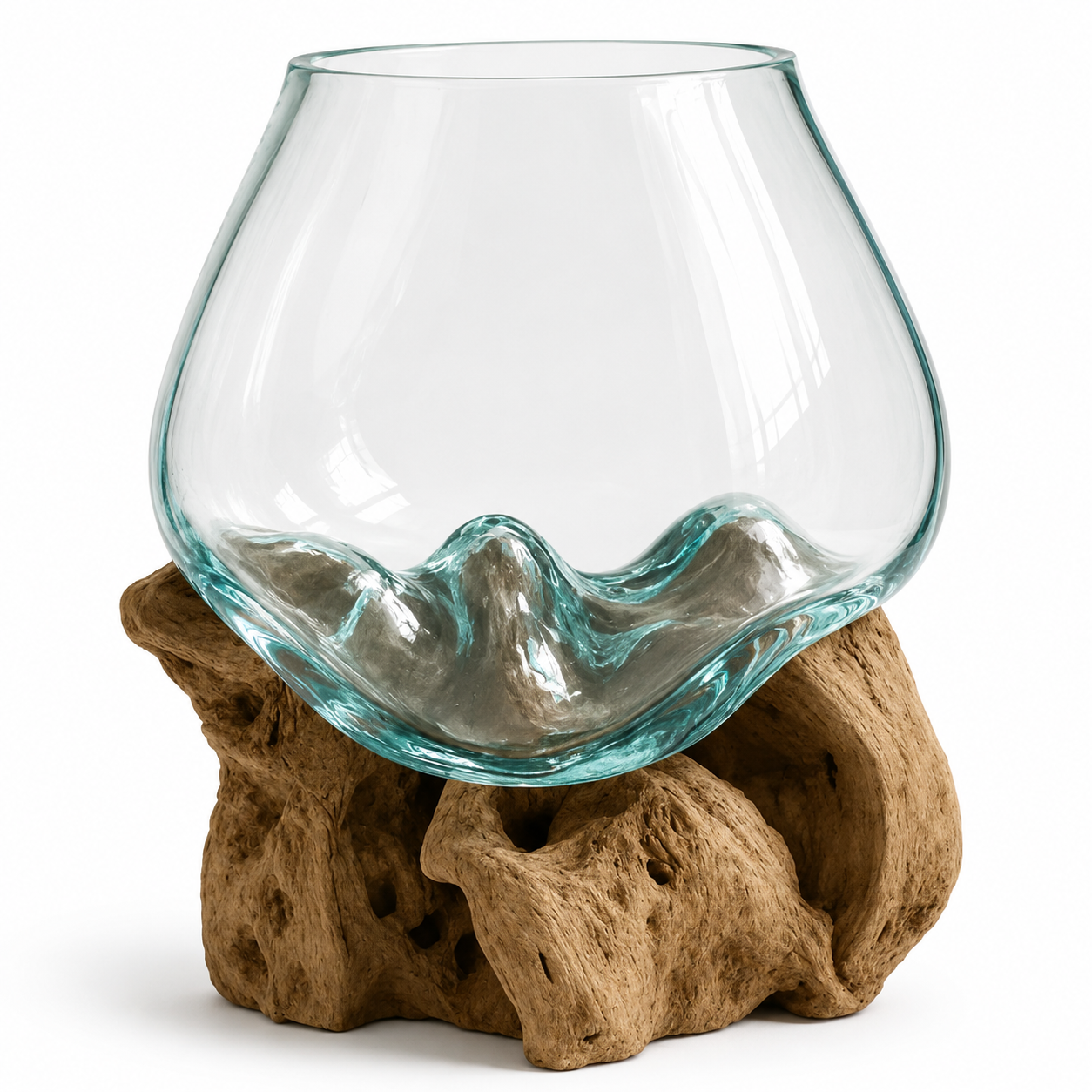 WoodenLux handcrafted molten glass vase on recycled driftwood.