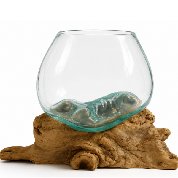 WoodenLux handcrafted molten glass vase on recycled driftwood.