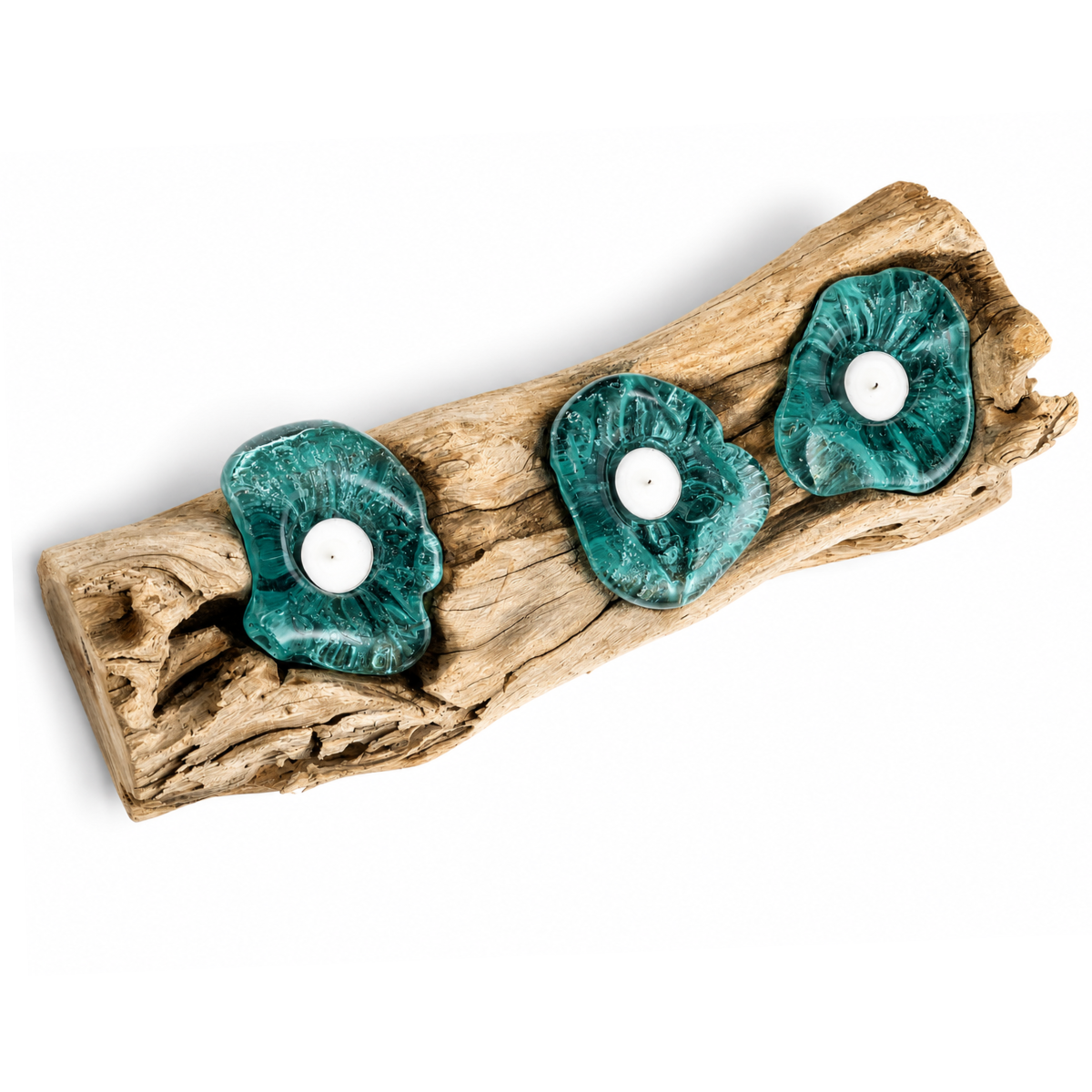 WoodenLux handcrafted molten glass vase on recycled driftwood.