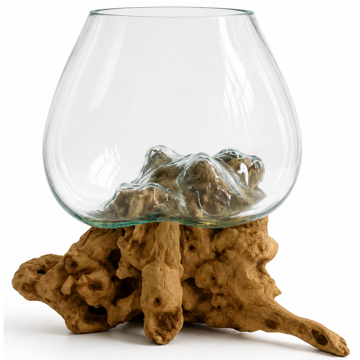 WoodenLux handcrafted molten glass vase on recycled driftwood.