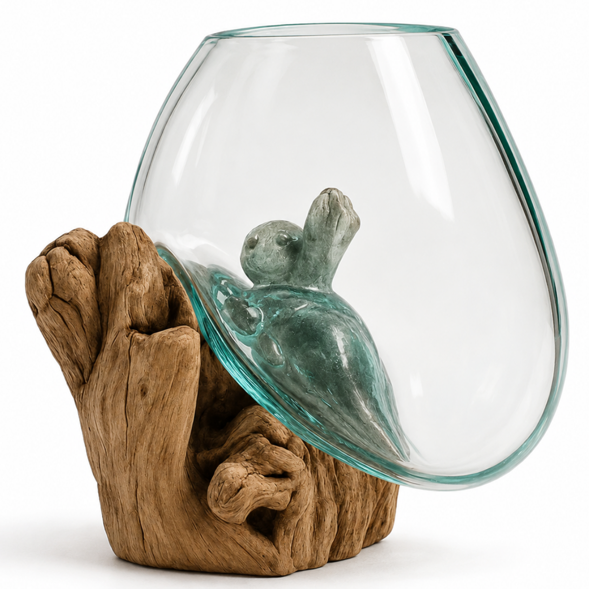WoodenLux handcrafted molten glass vase on recycled driftwood.