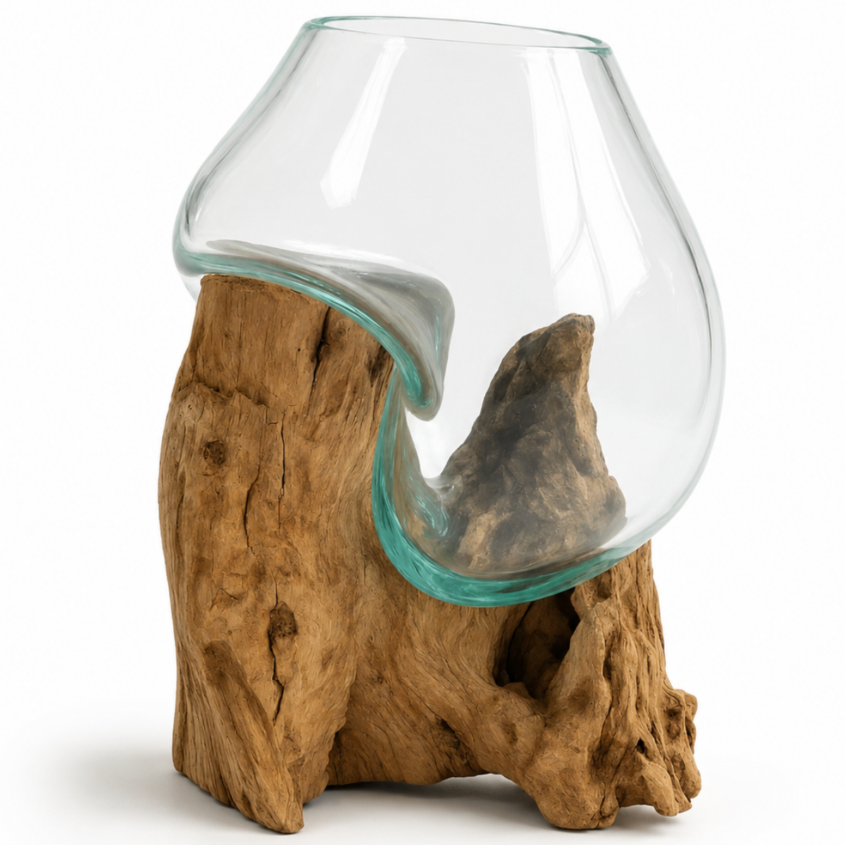 WoodenLux handcrafted molten glass vase on recycled driftwood.