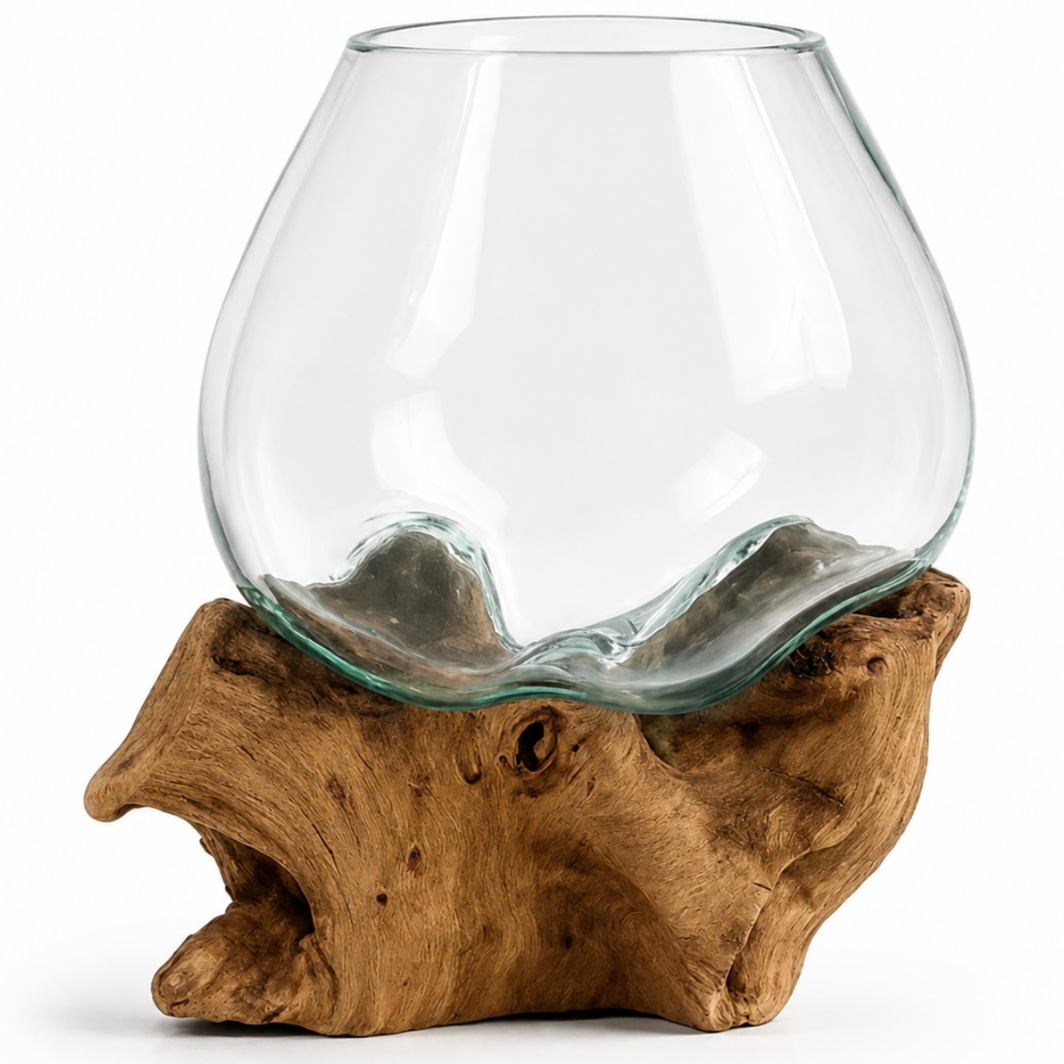 WoodenLux handcrafted molten glass vase on recycled driftwood.