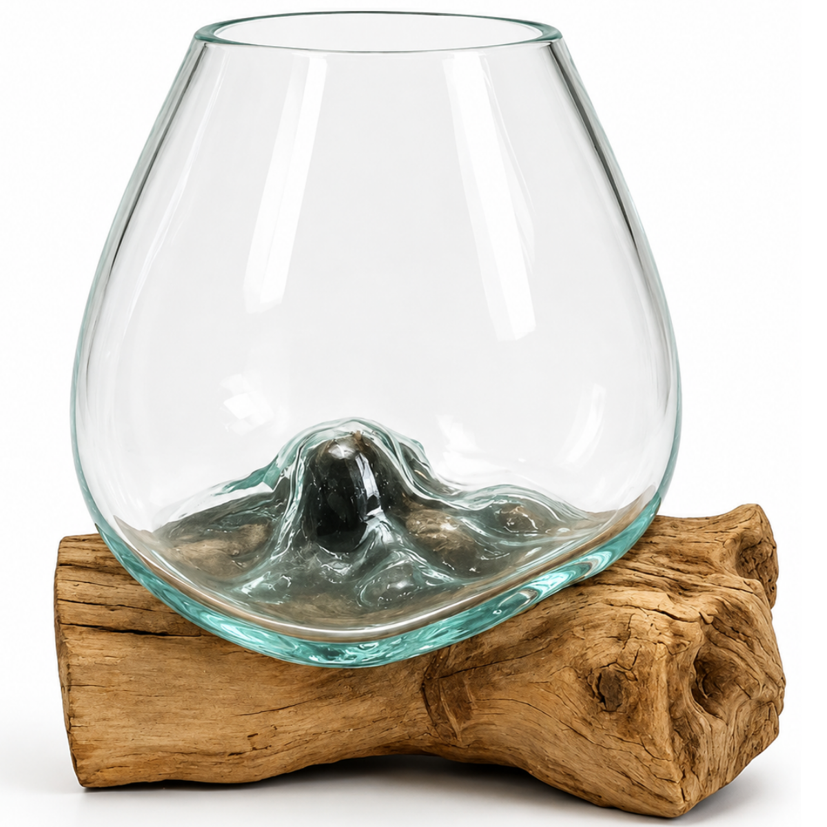 WoodenLux handcrafted molten glass vase on recycled driftwood.