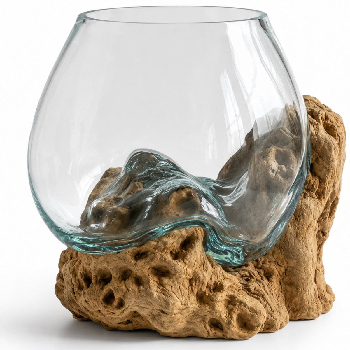 WoodenLux handcrafted molten glass vase on recycled driftwood.