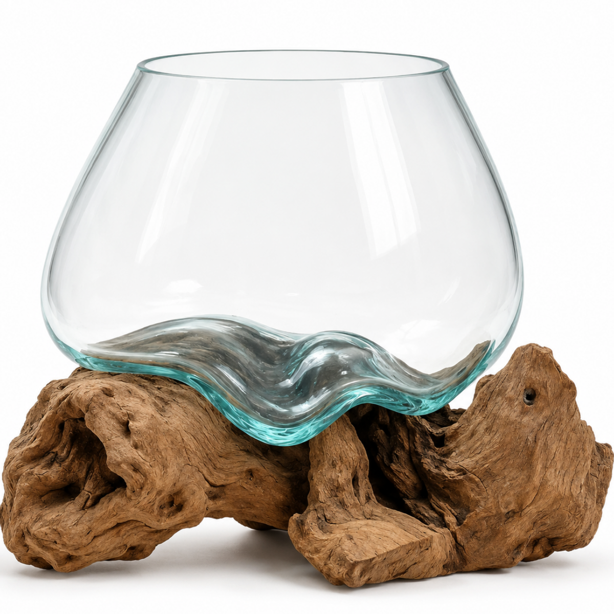 WoodenLux handcrafted molten glass vase on recycled driftwood.