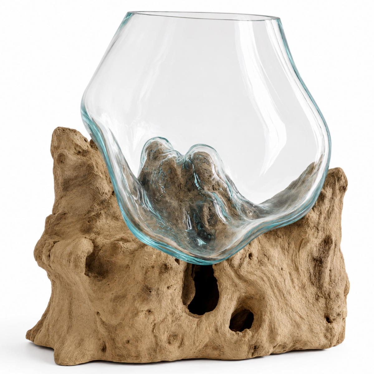 WoodenLux handcrafted molten glass vase on recycled driftwood.