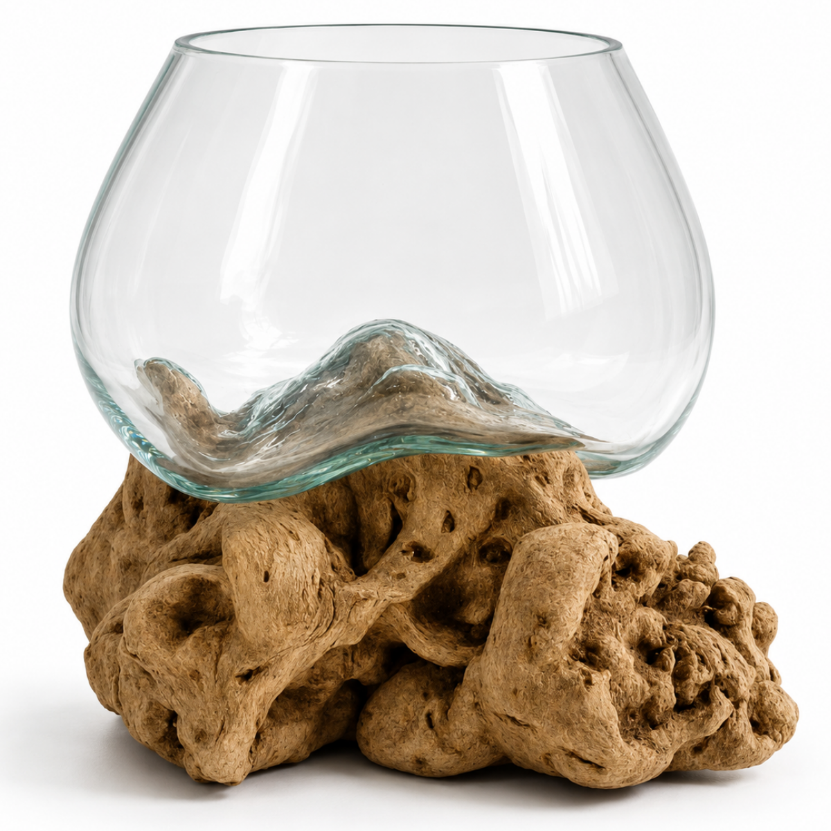 WoodenLux handcrafted molten glass vase on recycled driftwood.