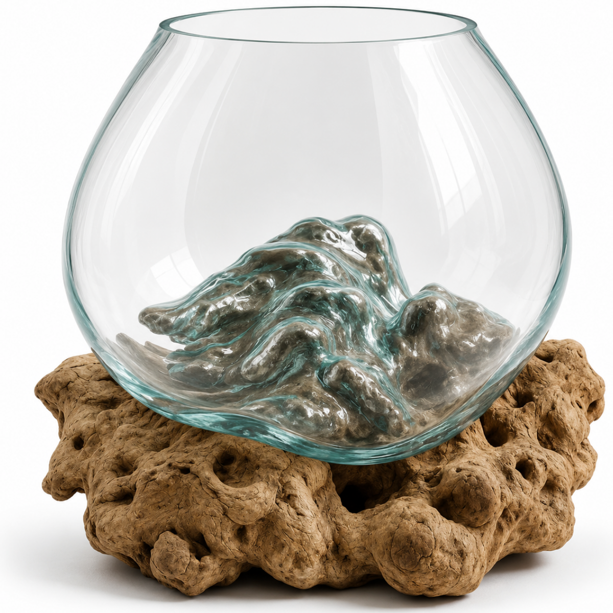WoodenLux handcrafted molten glass vase on recycled driftwood.