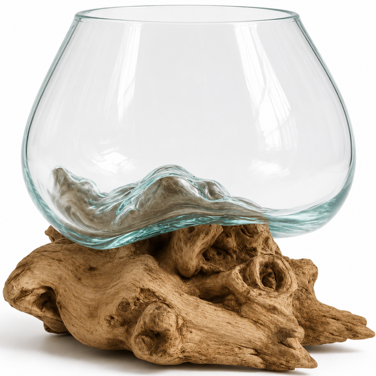 WoodenLux handcrafted molten glass vase on recycled driftwood.