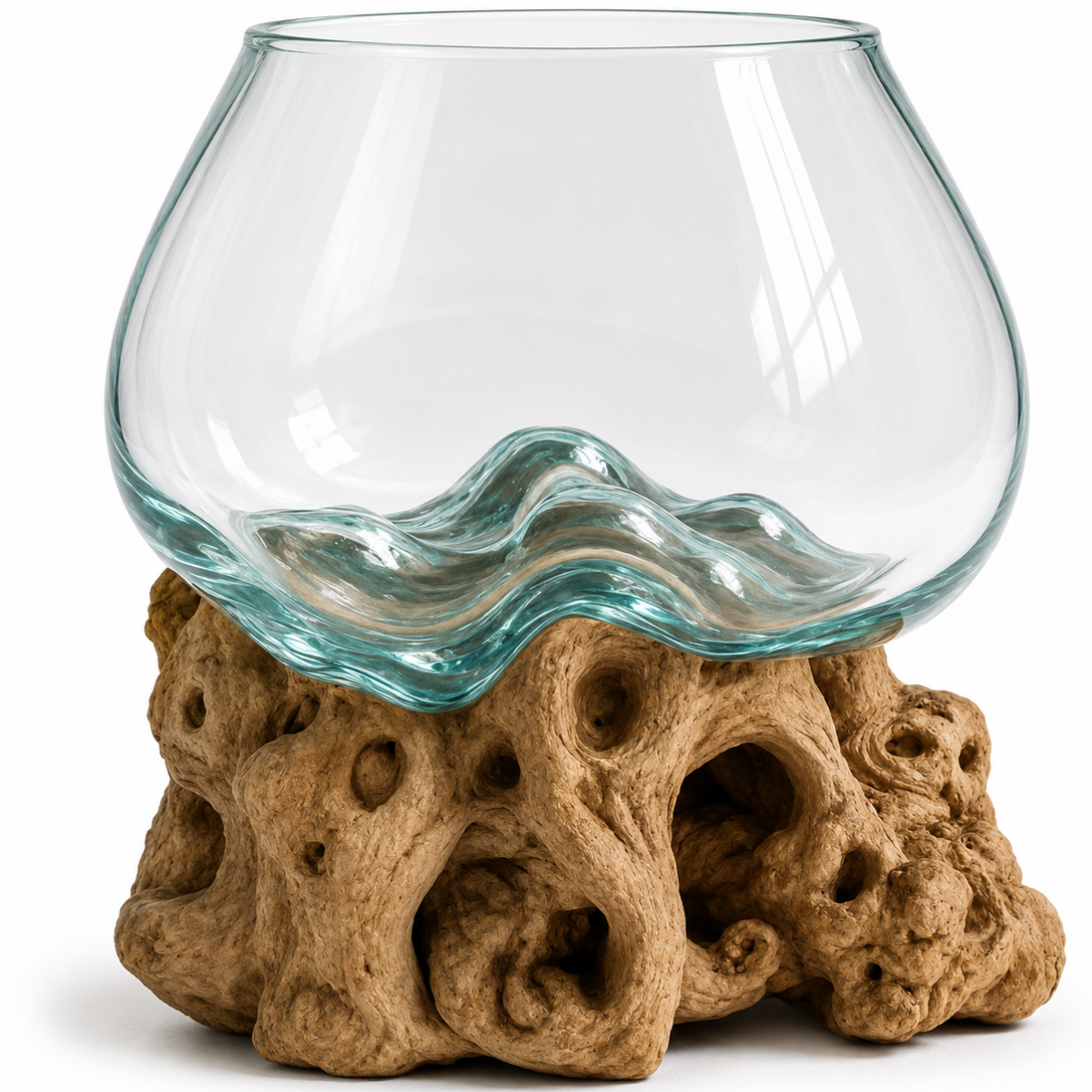 WoodenLux handcrafted molten glass vase on recycled driftwood.