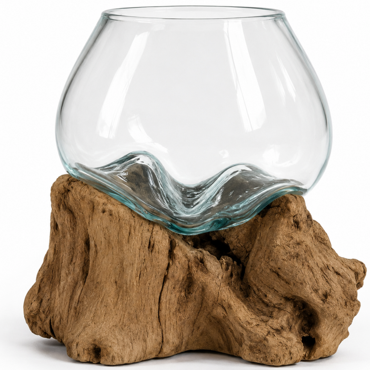 WoodenLux handcrafted molten glass vase on recycled driftwood.