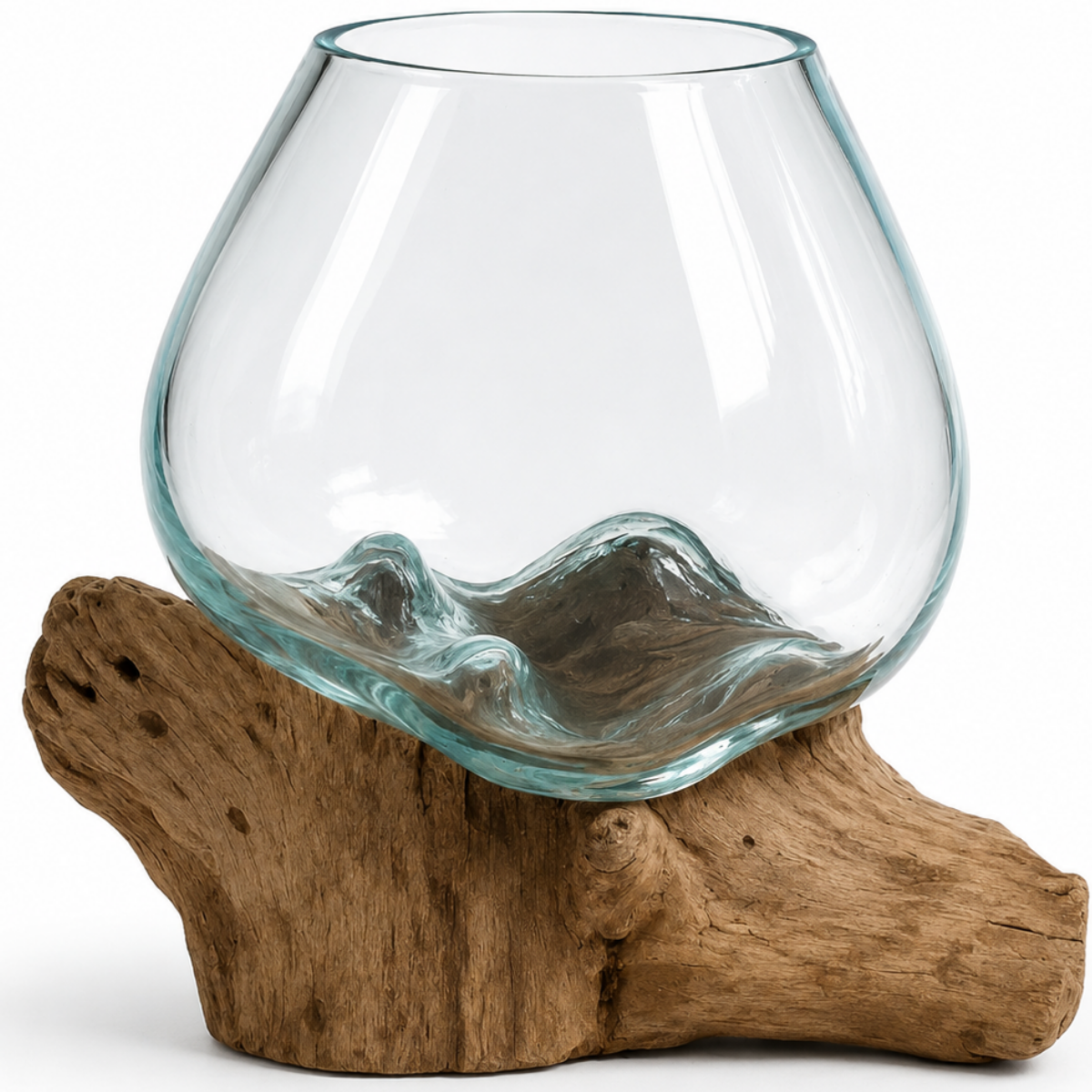 WoodenLux handcrafted molten glass vase on recycled driftwood.