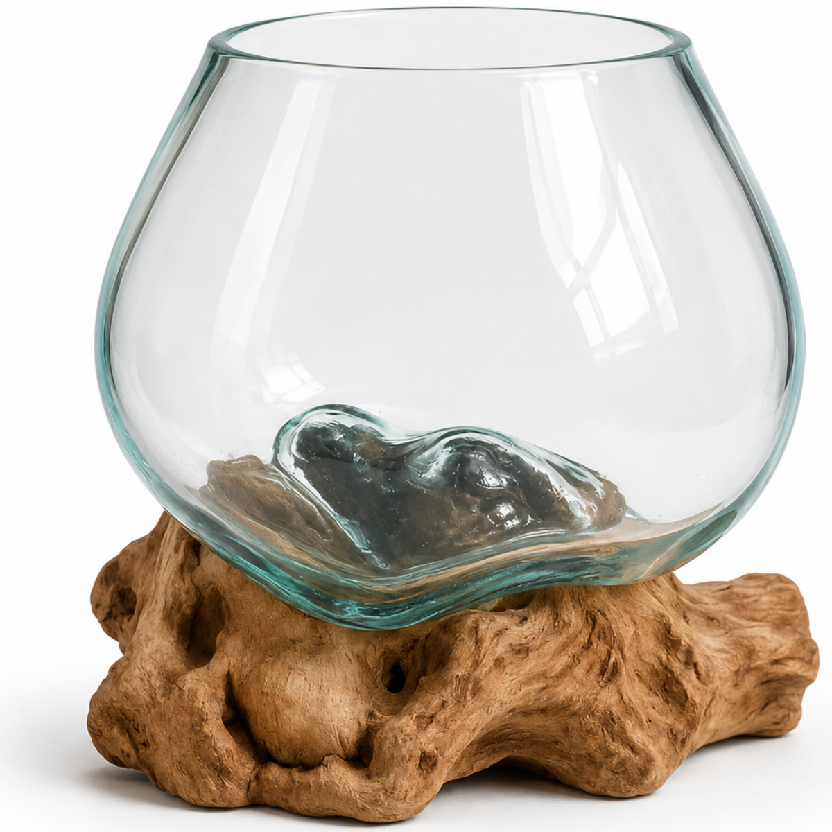 WoodenLux handcrafted molten glass vase on recycled driftwood.