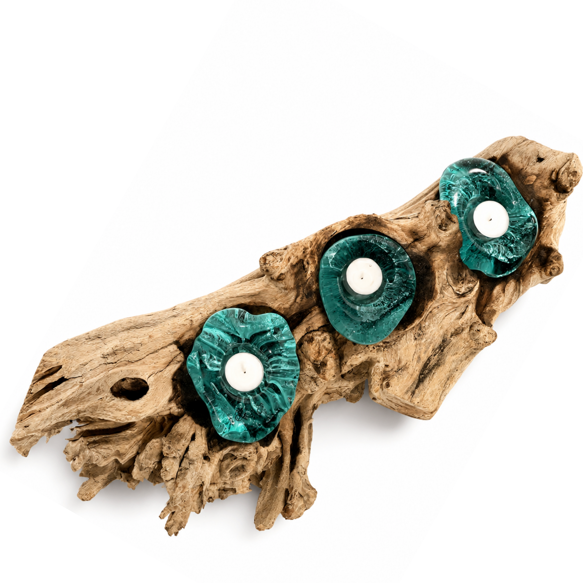 WoodenLux handcrafted molten glass vase on recycled driftwood.