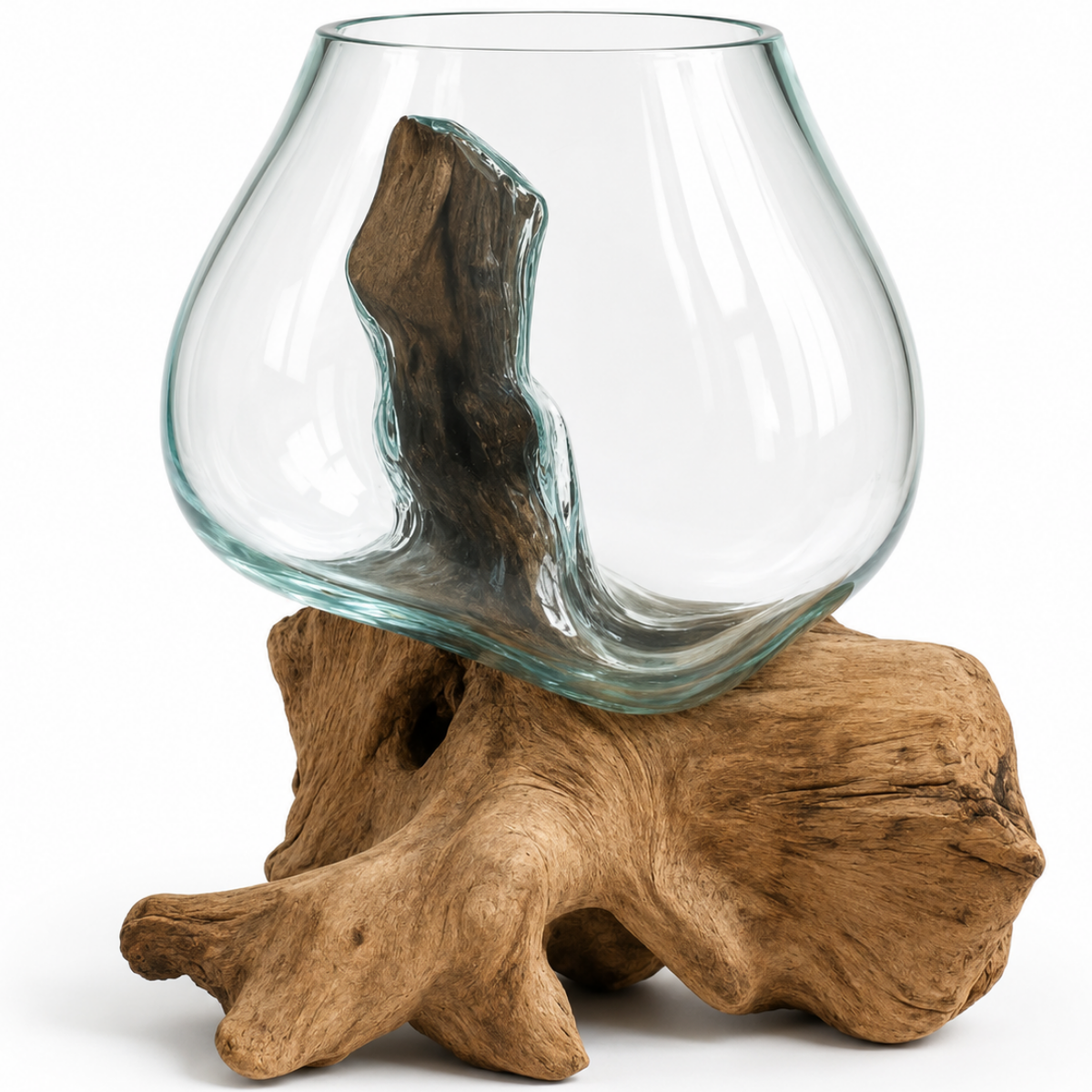 WoodenLux handcrafted molten glass vase on recycled driftwood.