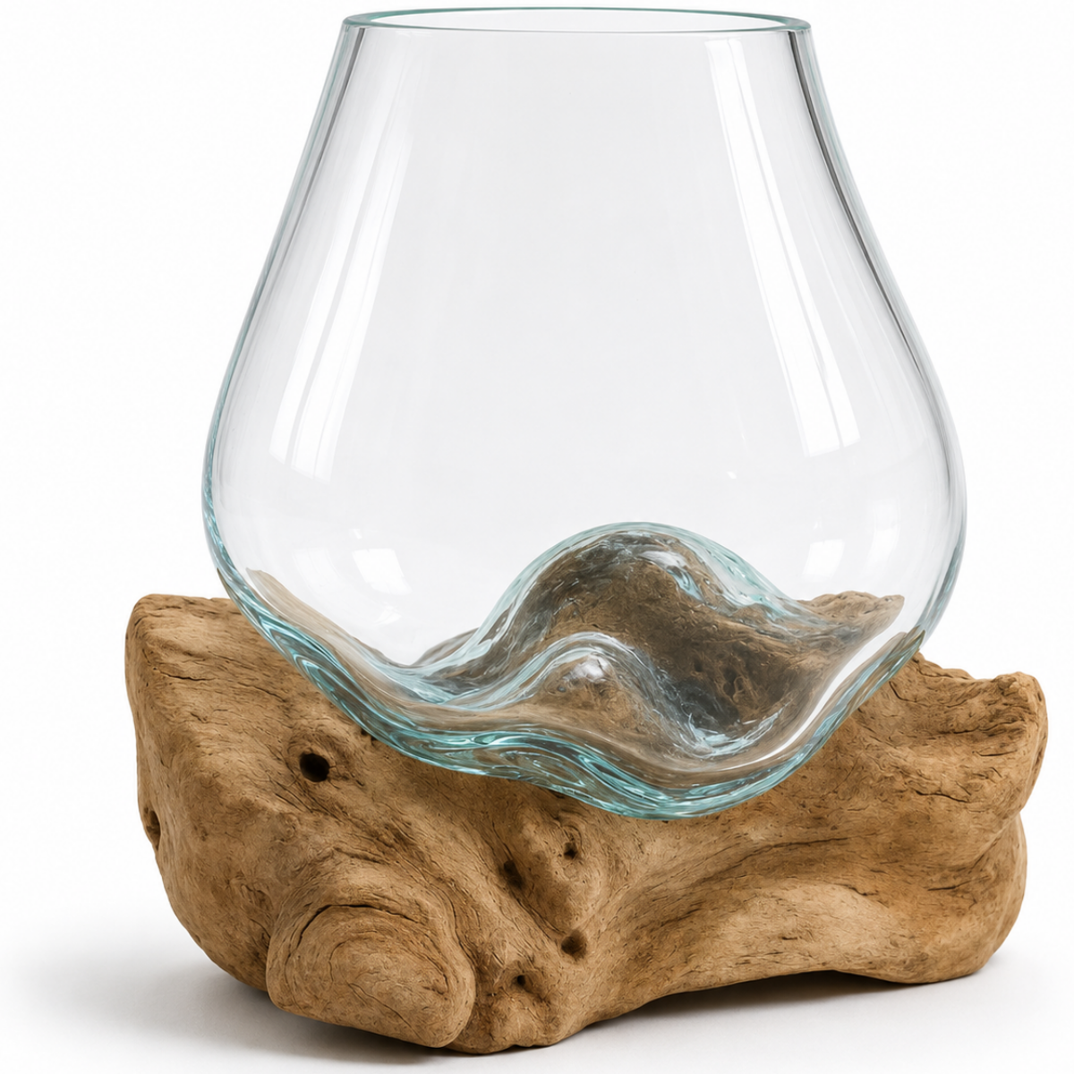 WoodenLux handcrafted molten glass vase on recycled driftwood.