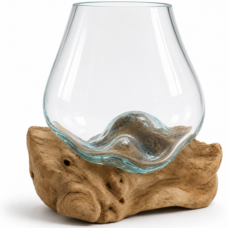 WoodenLux handcrafted molten glass vase on recycled driftwood.
