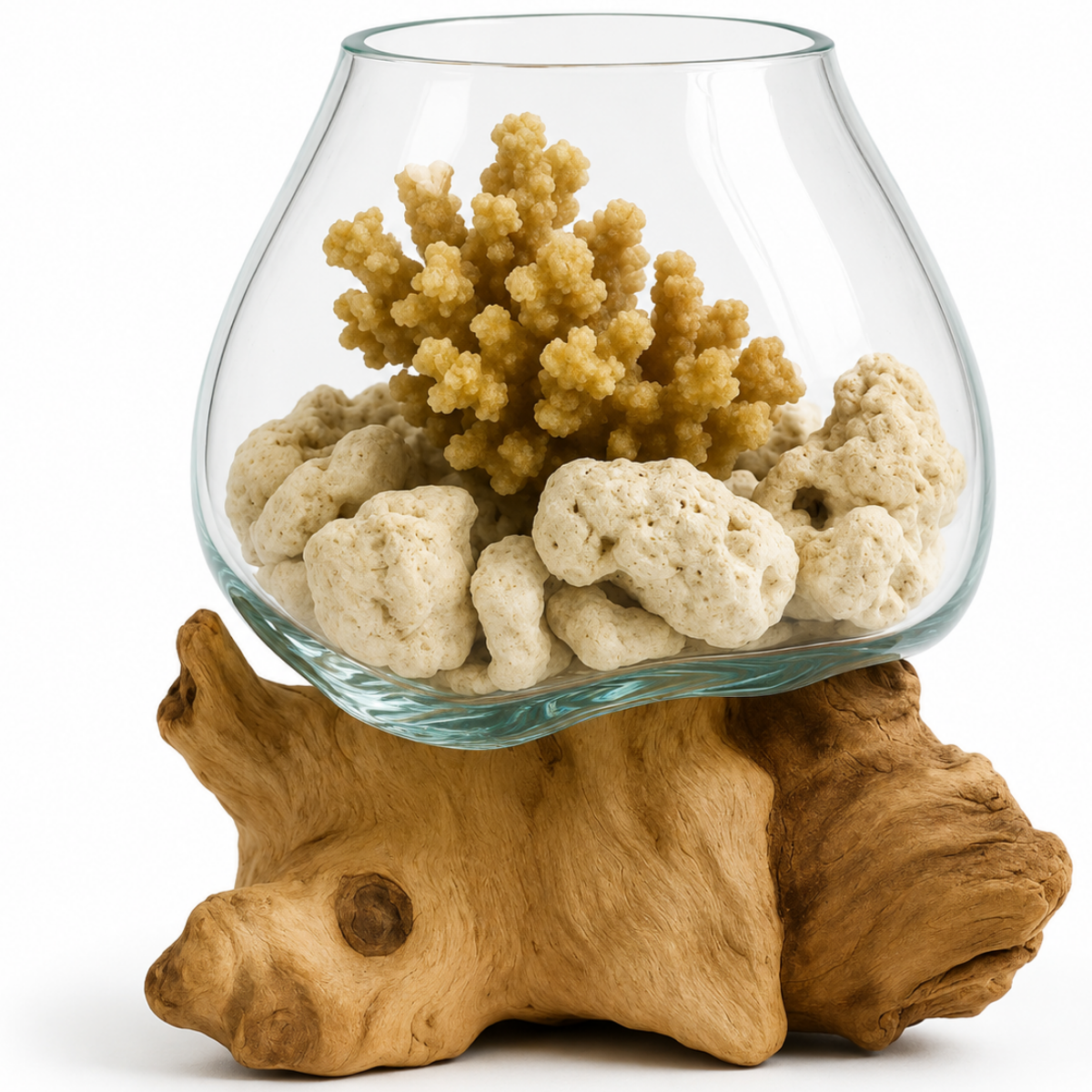 WoodenLux handcrafted molten glass vase on recycled driftwood.
