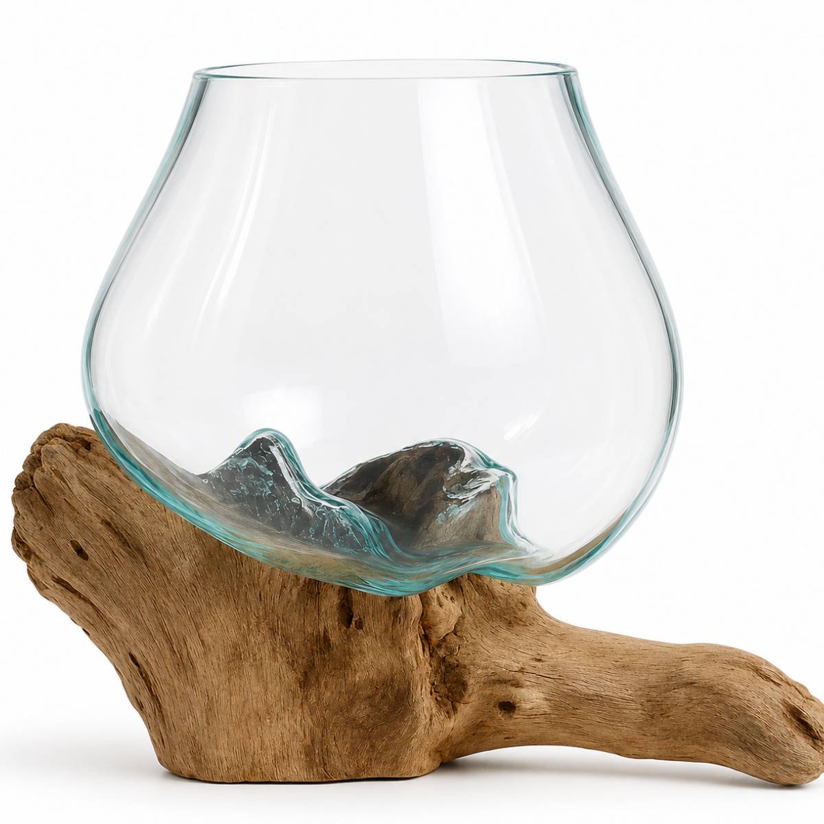 WoodenLux handcrafted molten glass vase on recycled driftwood.