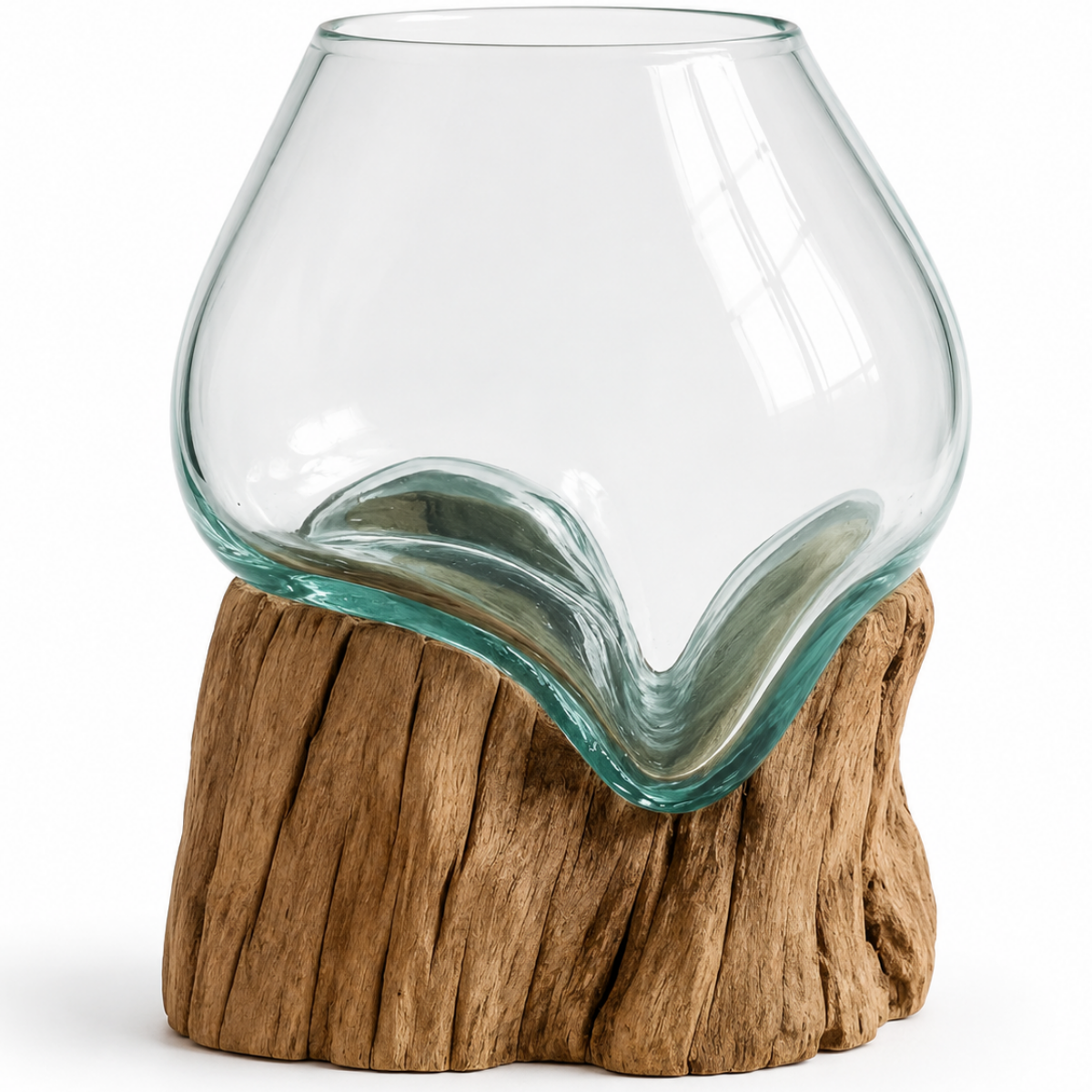 WoodenLux handcrafted molten glass vase on recycled driftwood.