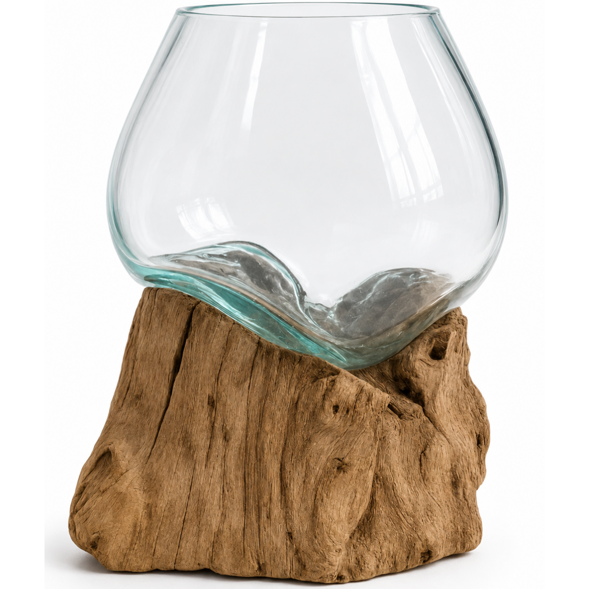 WoodenLux handcrafted molten glass vase on recycled driftwood.