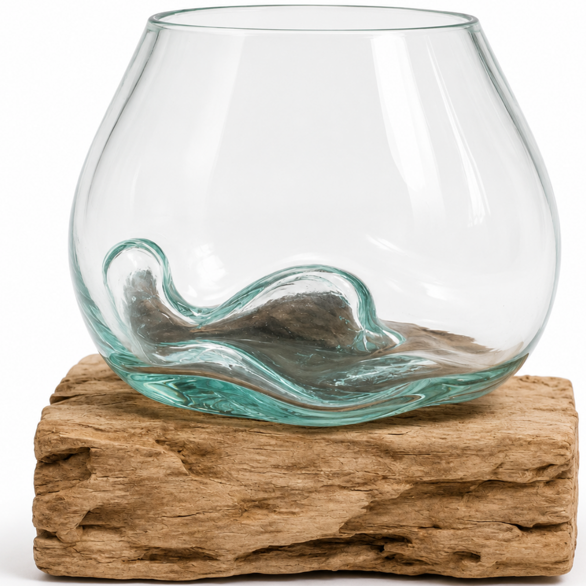 WoodenLux handcrafted molten glass vase on recycled driftwood.