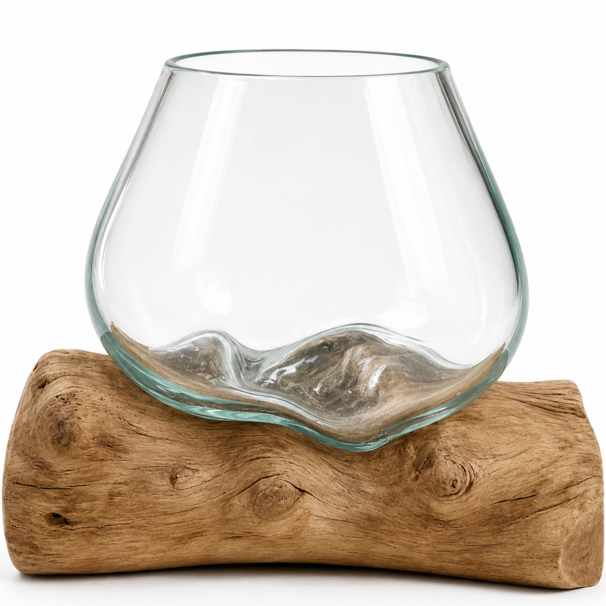 WoodenLux handcrafted molten glass vase on recycled driftwood.