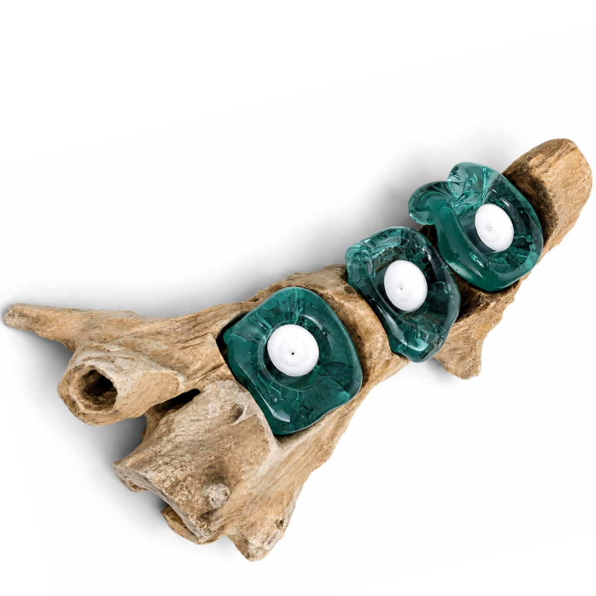 WoodenLux handcrafted molten glass vase on recycled driftwood.