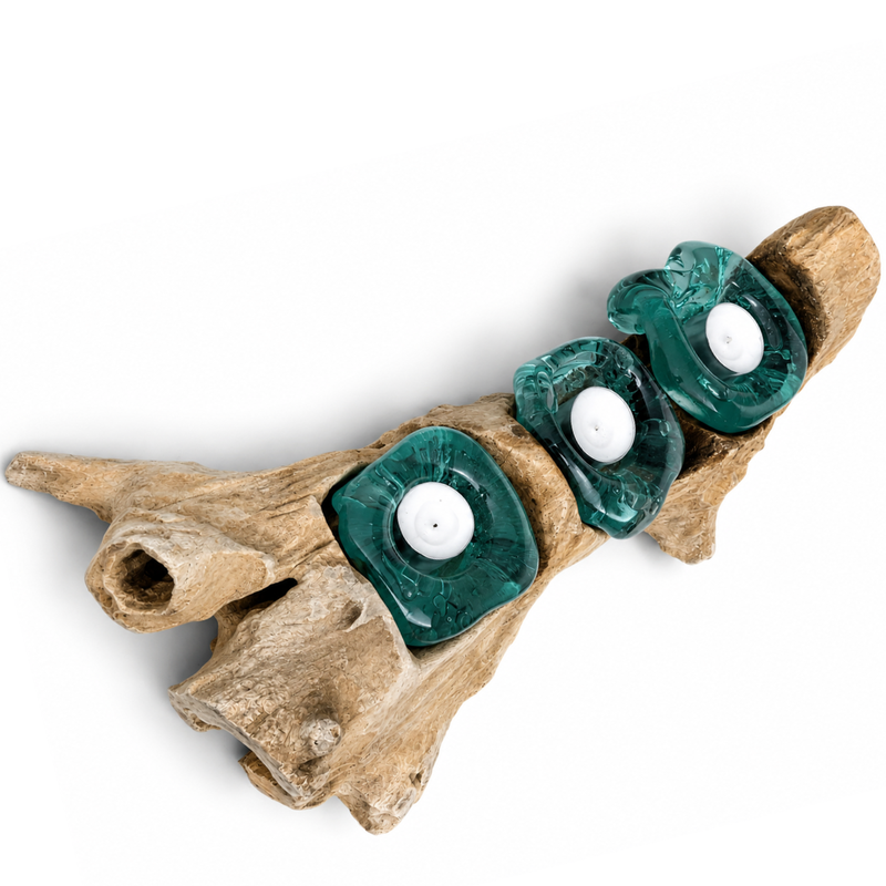 WoodenLux handcrafted molten glass vase on recycled driftwood.
