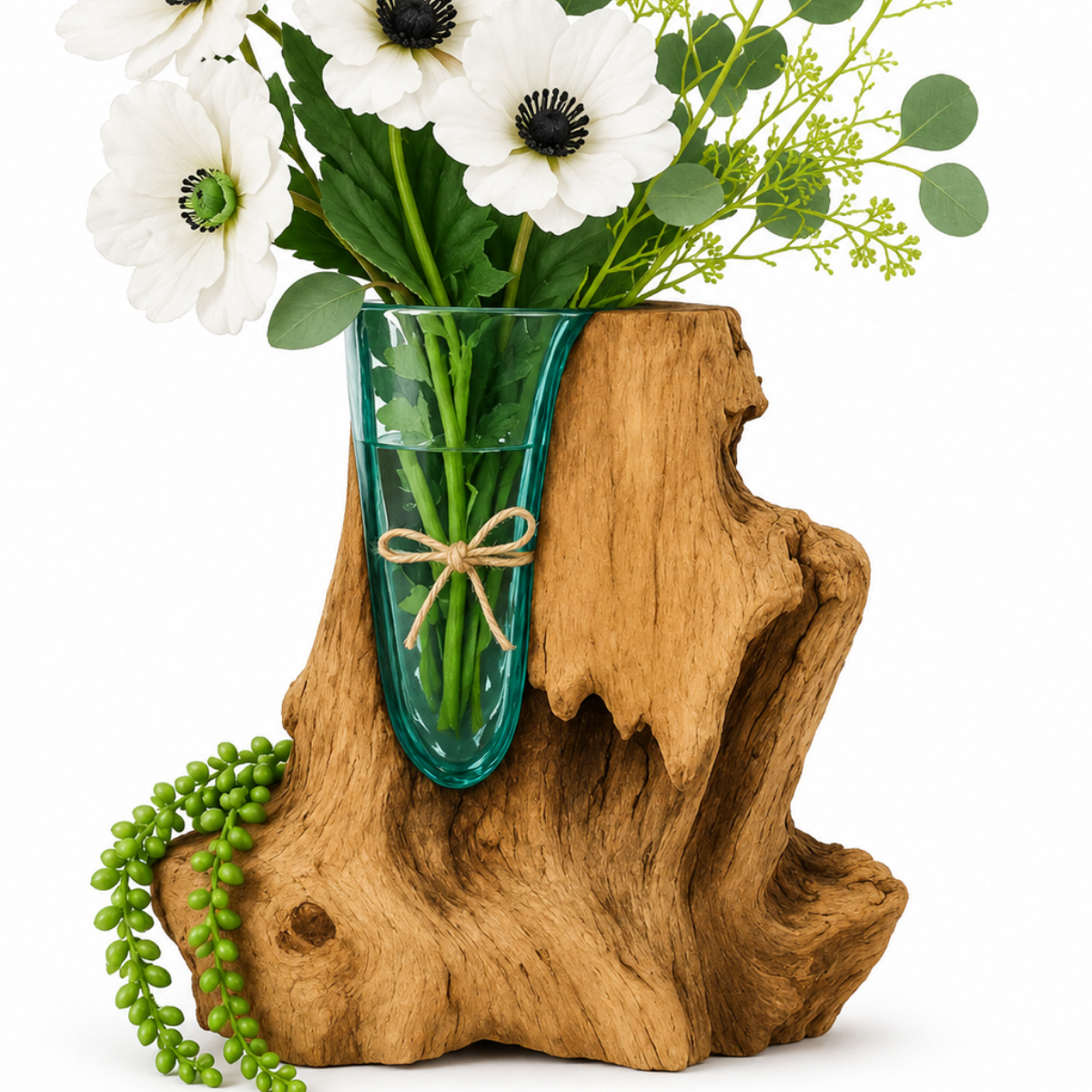 WoodenLux handcrafted molten glass vase on recycled driftwood.