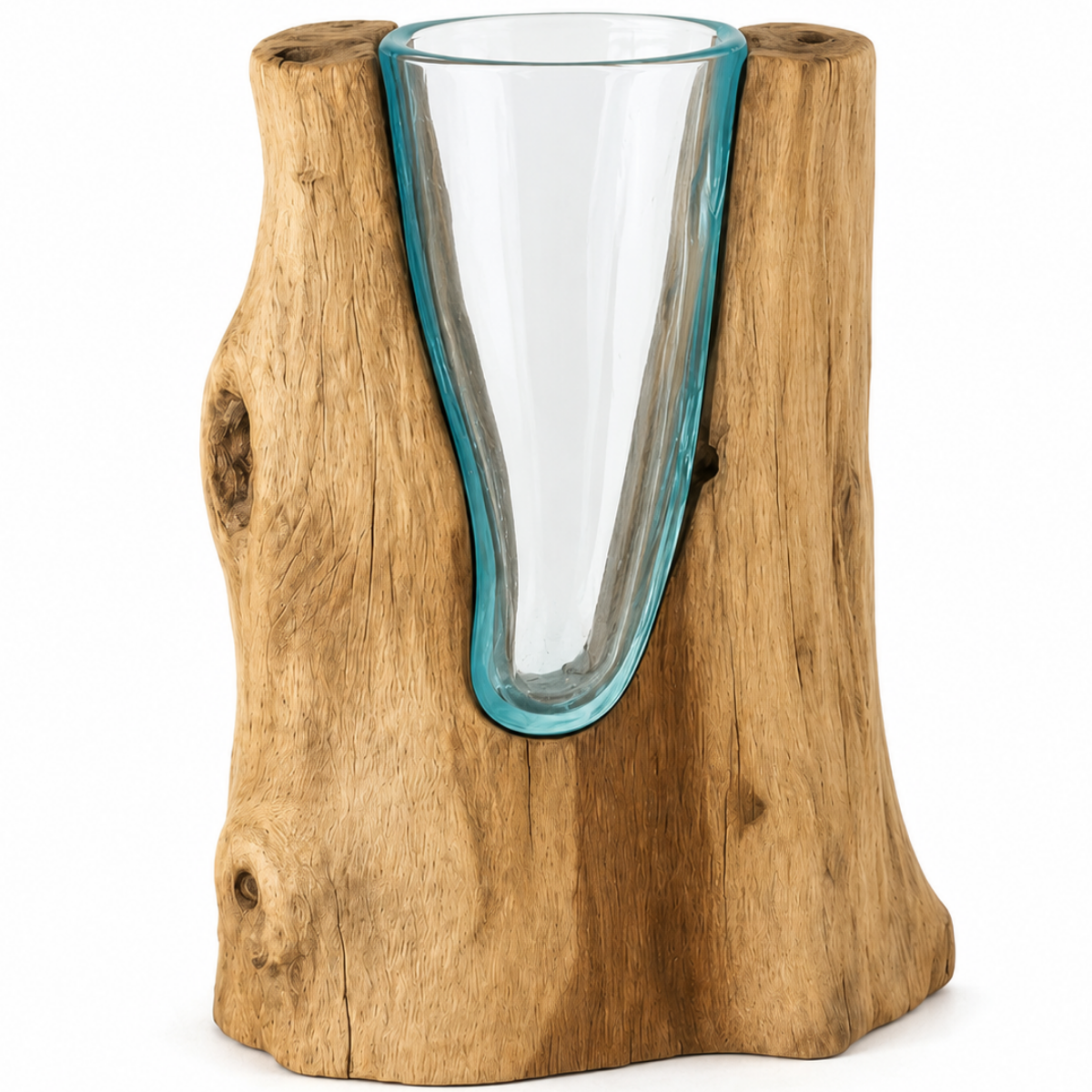 WoodenLux handcrafted molten glass vase on recycled driftwood.