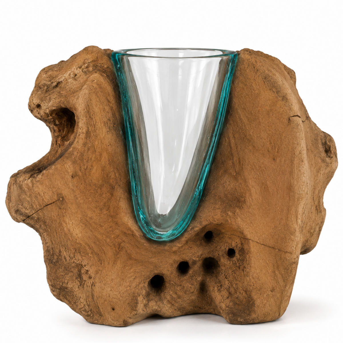 WoodenLux handcrafted molten glass vase on recycled driftwood.