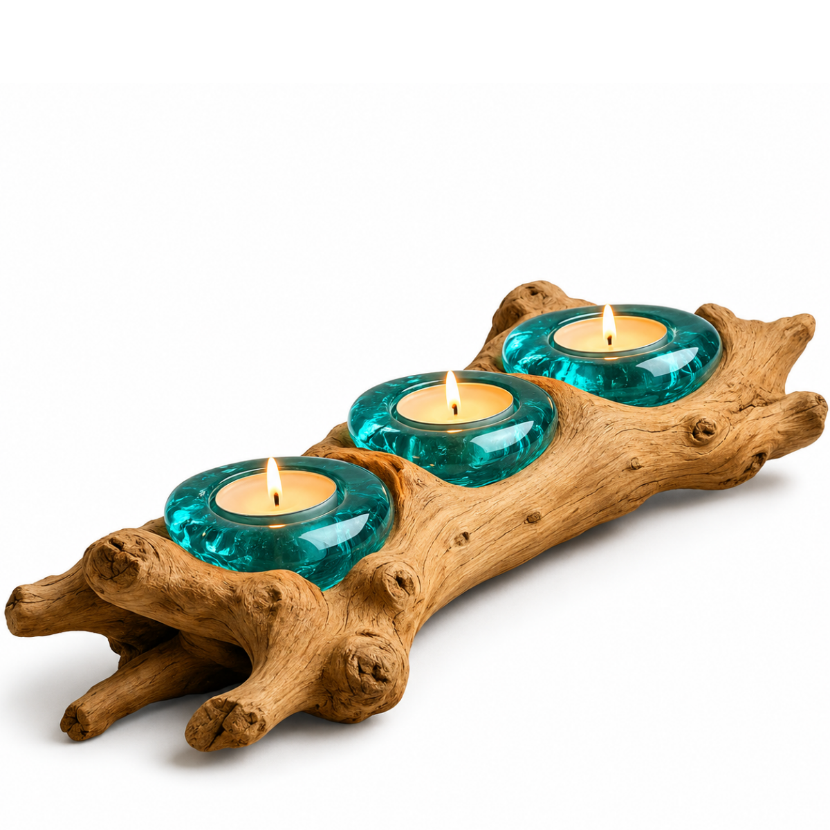 WoodenLux handcrafted molten glass vase on recycled driftwood.