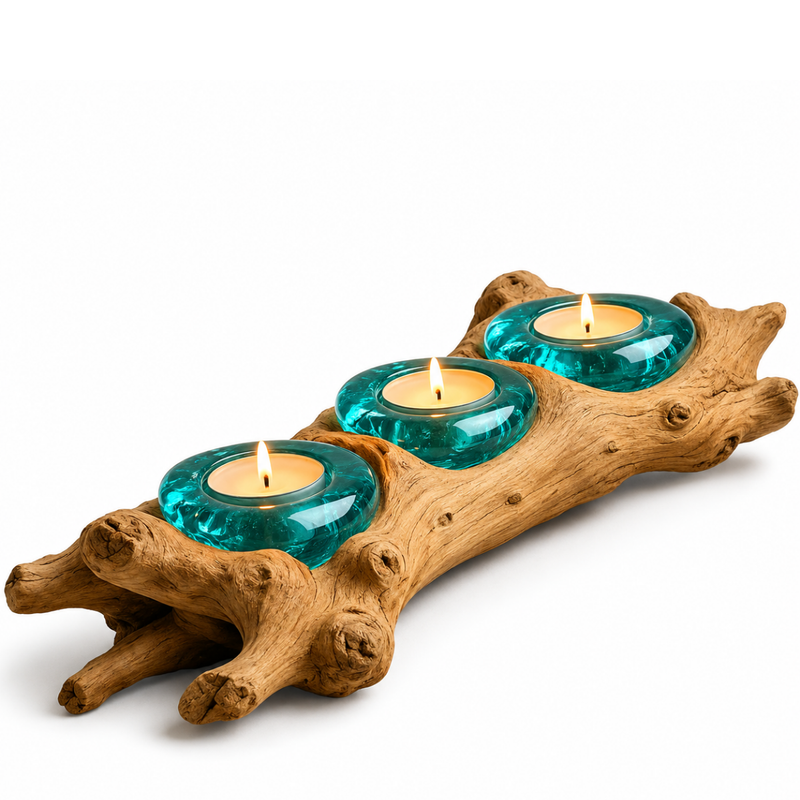 WoodenLux handcrafted molten glass vase on recycled driftwood.