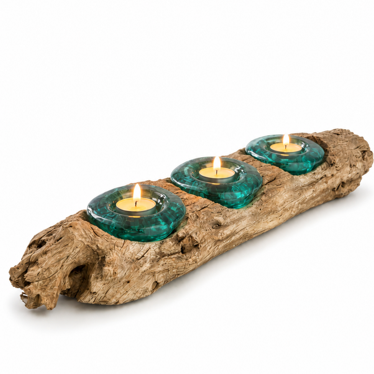 WoodenLux handcrafted molten glass vase on recycled driftwood.