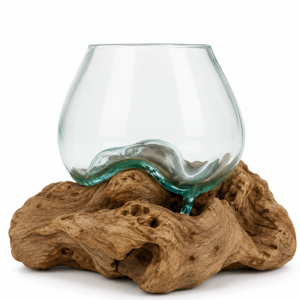 WoodenLux handcrafted molten glass vase on recycled driftwood.