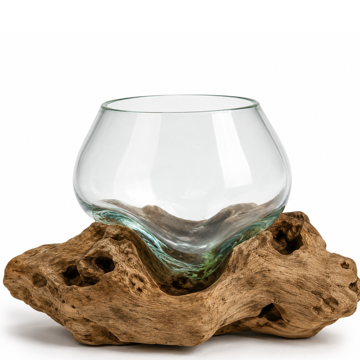 WoodenLux handcrafted molten glass vase on recycled driftwood.