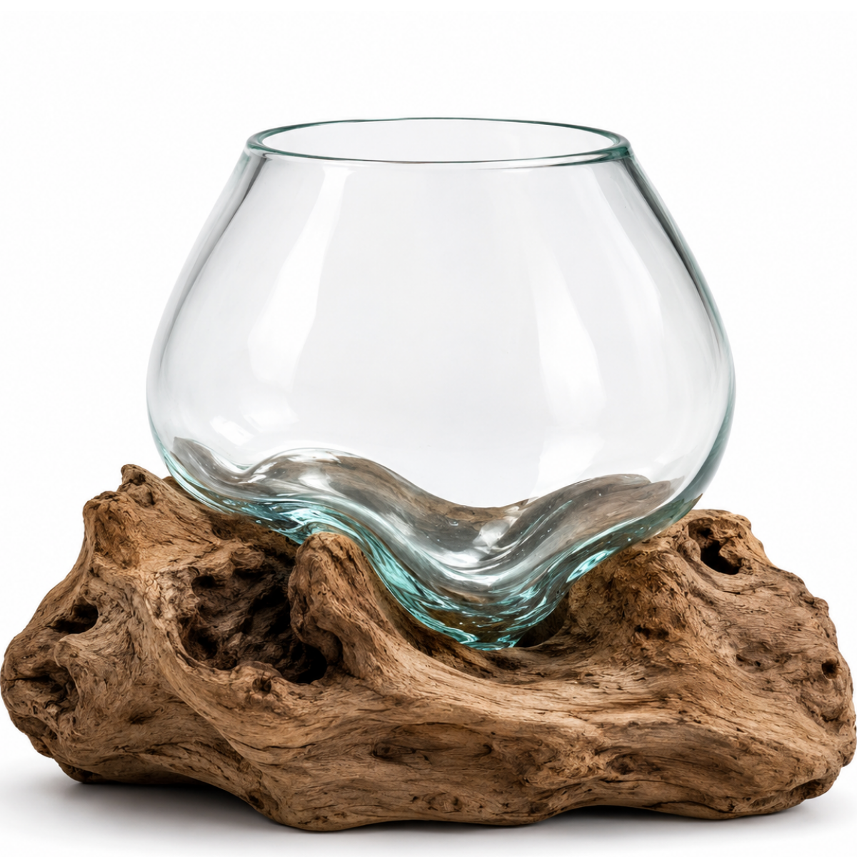 WoodenLux handcrafted molten glass vase on recycled driftwood.