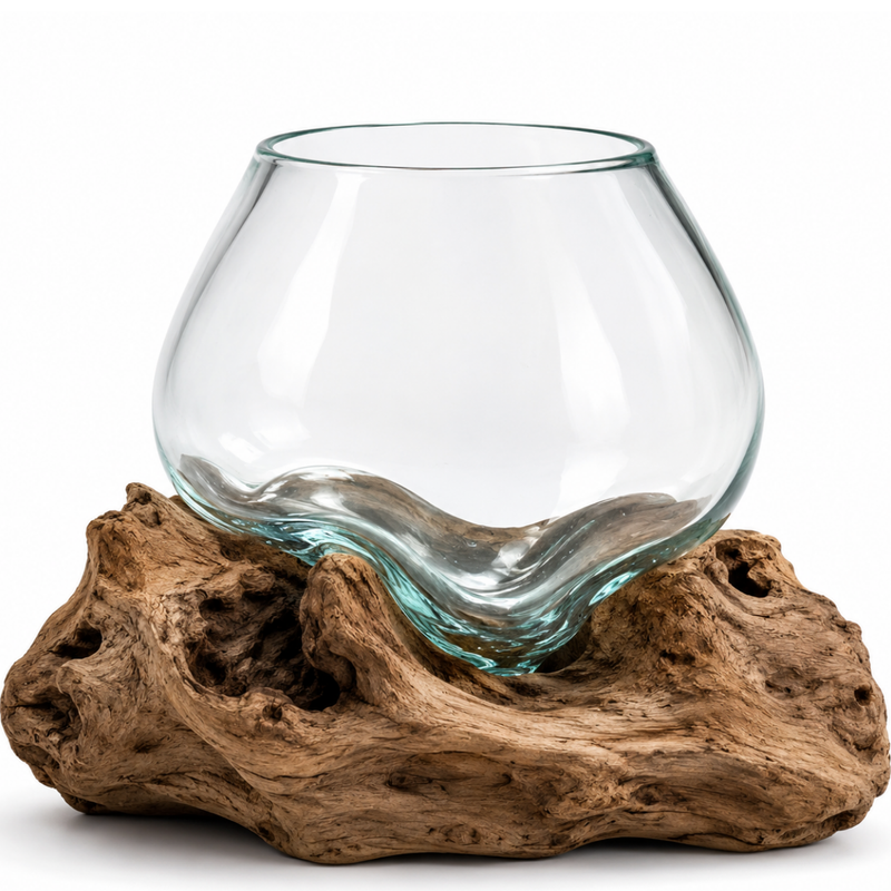 WoodenLux handcrafted molten glass vase on recycled driftwood.