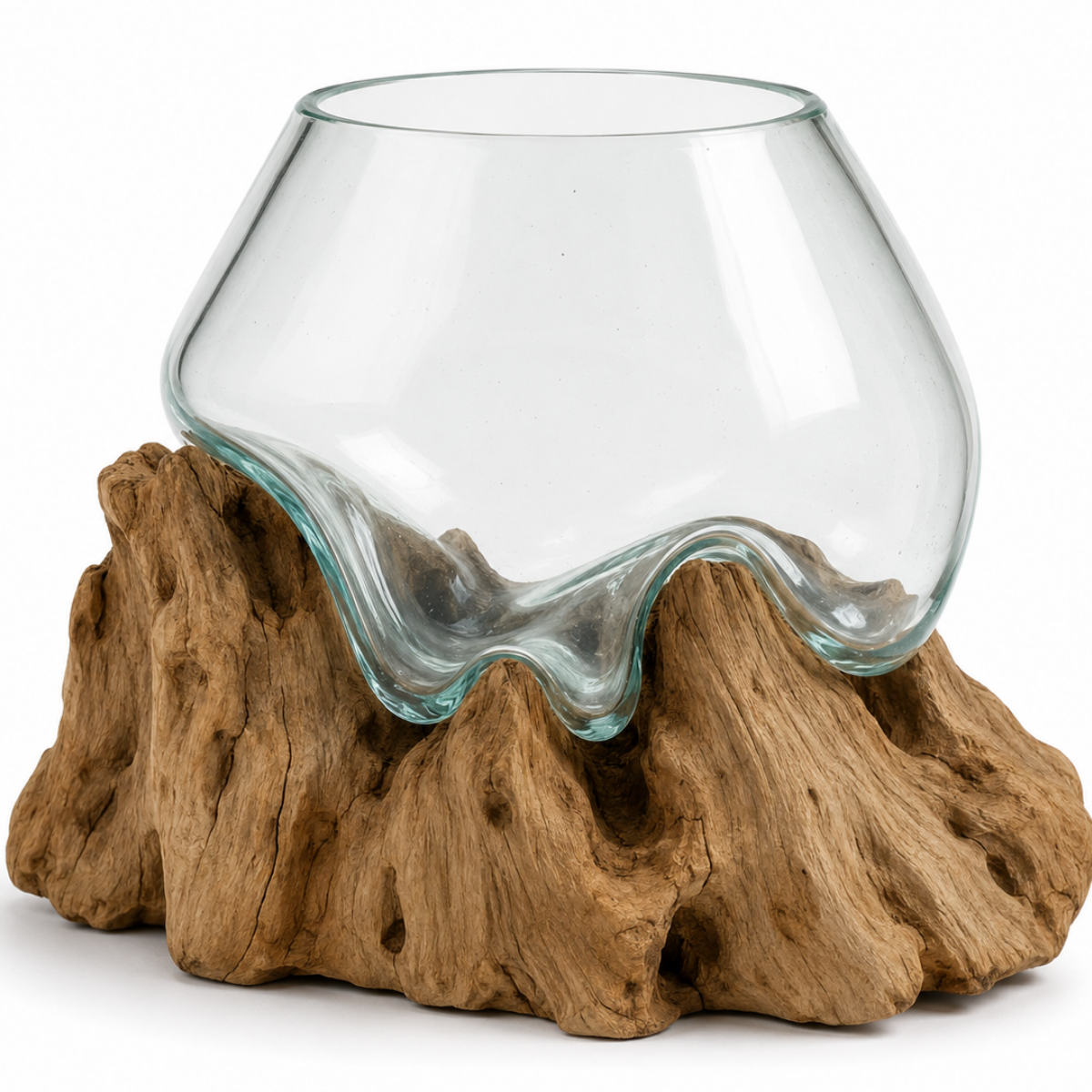 WoodenLux handcrafted molten glass vase on recycled driftwood.