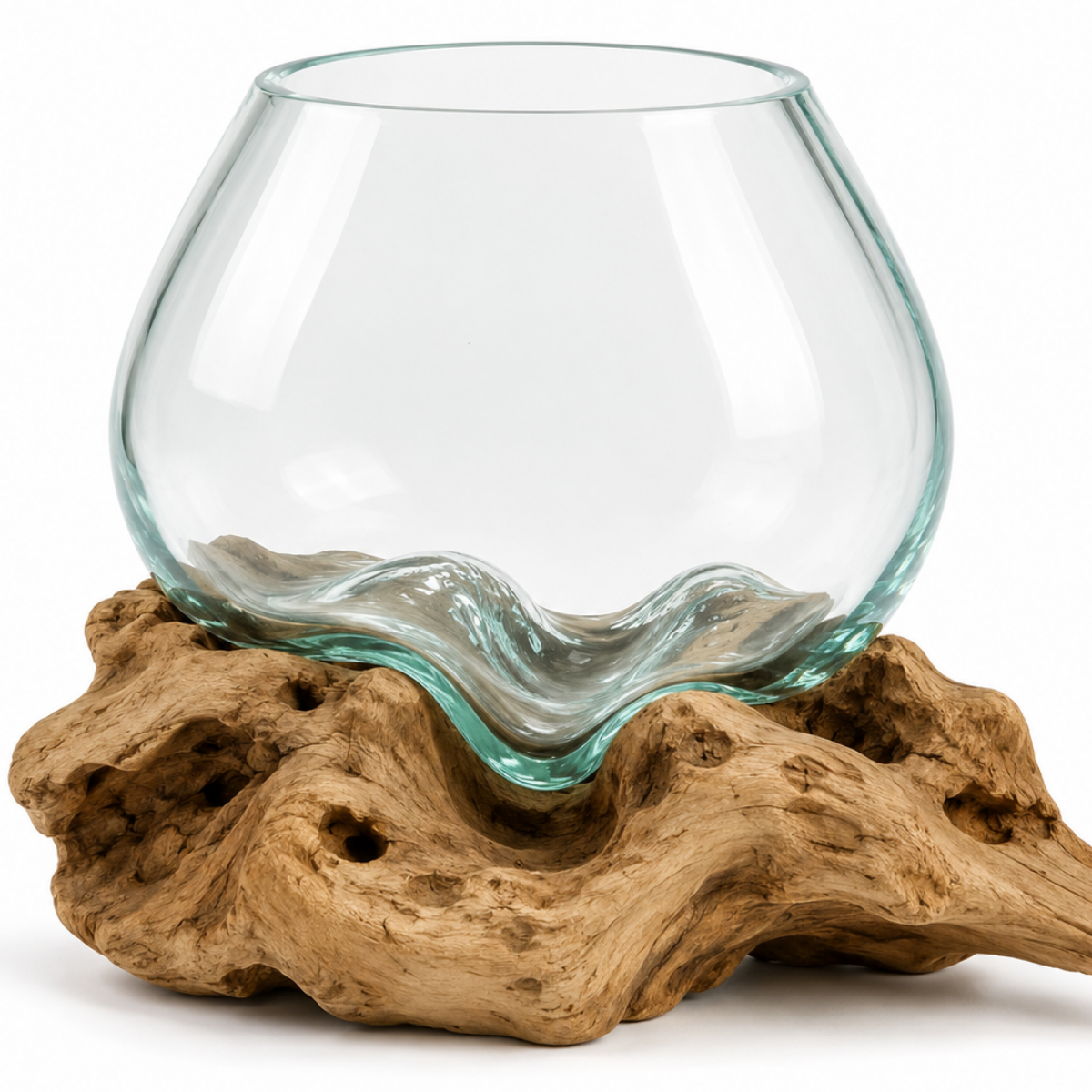 WoodenLux handcrafted molten glass vase on recycled driftwood.