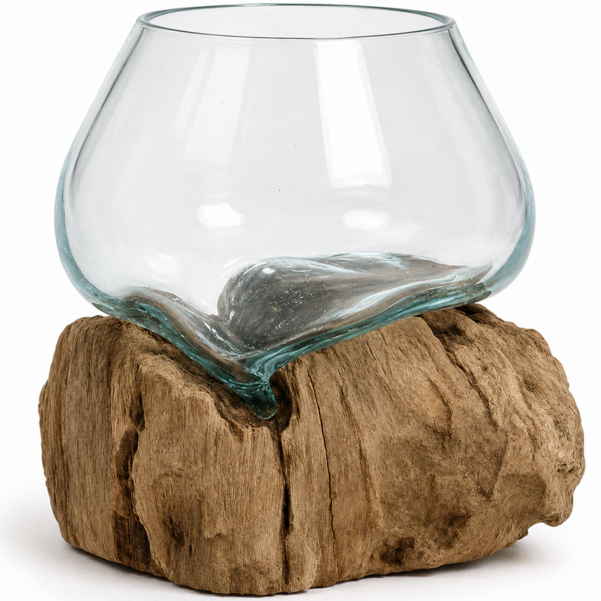 WoodenLux handcrafted molten glass vase on recycled driftwood.