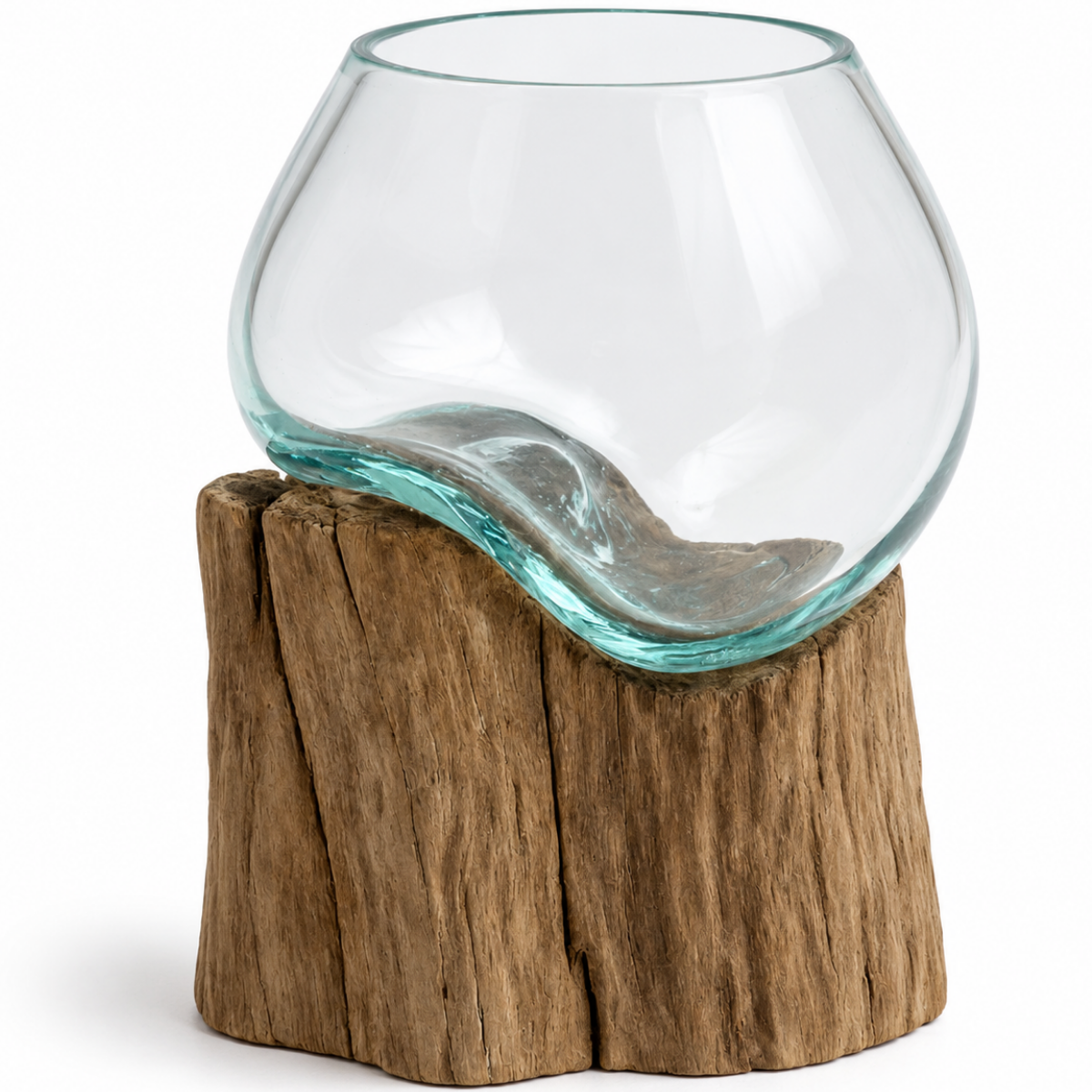 WoodenLux handcrafted molten glass vase on recycled driftwood.