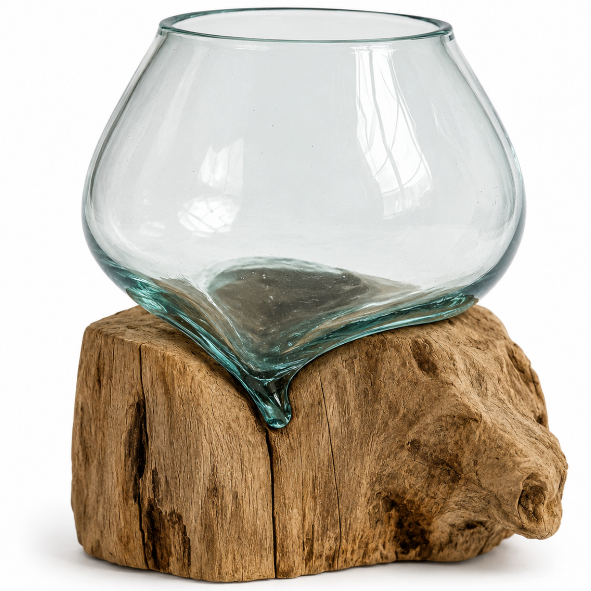 WoodenLux handcrafted molten glass vase on recycled driftwood.