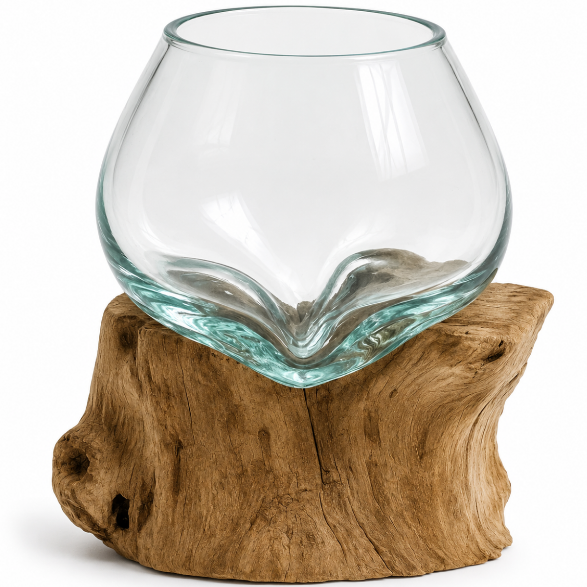 WoodenLux handcrafted molten glass vase on recycled driftwood.